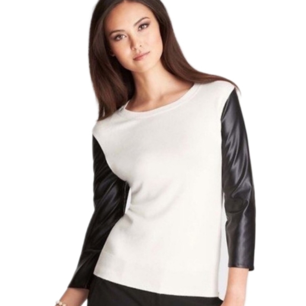 Ann Taylor wool blend cream with faux leather 3/4" sleeves pullover sweater. M - Picture 1 of 10